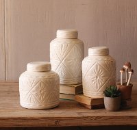 9 Inch Ivory Ceramic Canister with Geometric Pattern