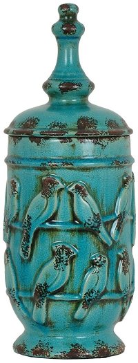 18 Inch Turquoise Perched Bird Lidded Urn
