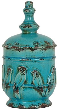 14 Inch Turquoise Perched Bird Lidded Urn