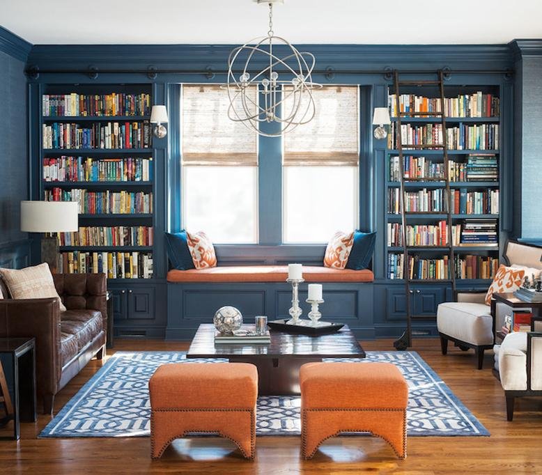 blue bookshelves