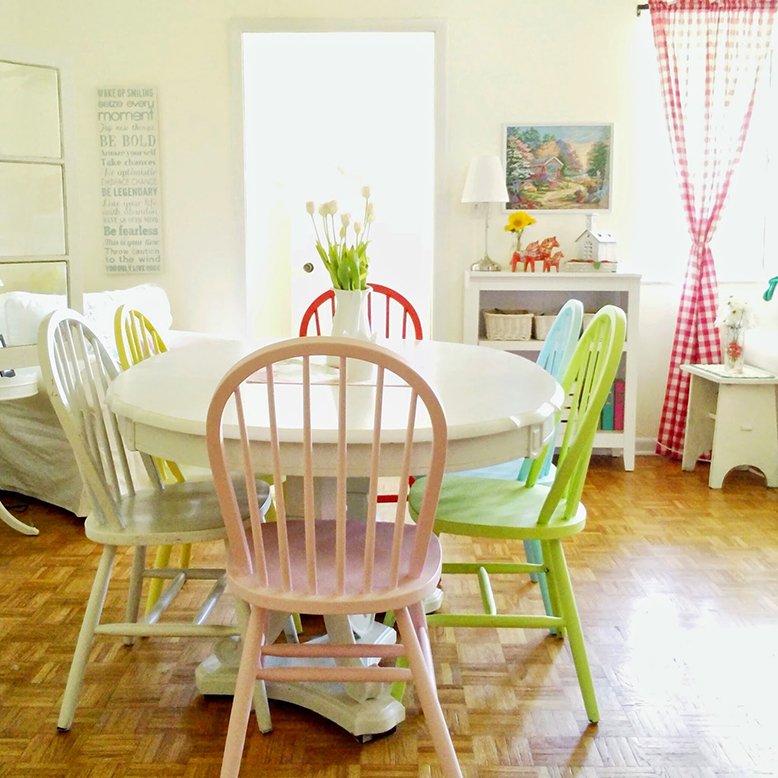 Dining table with colourful chairs new arrivals