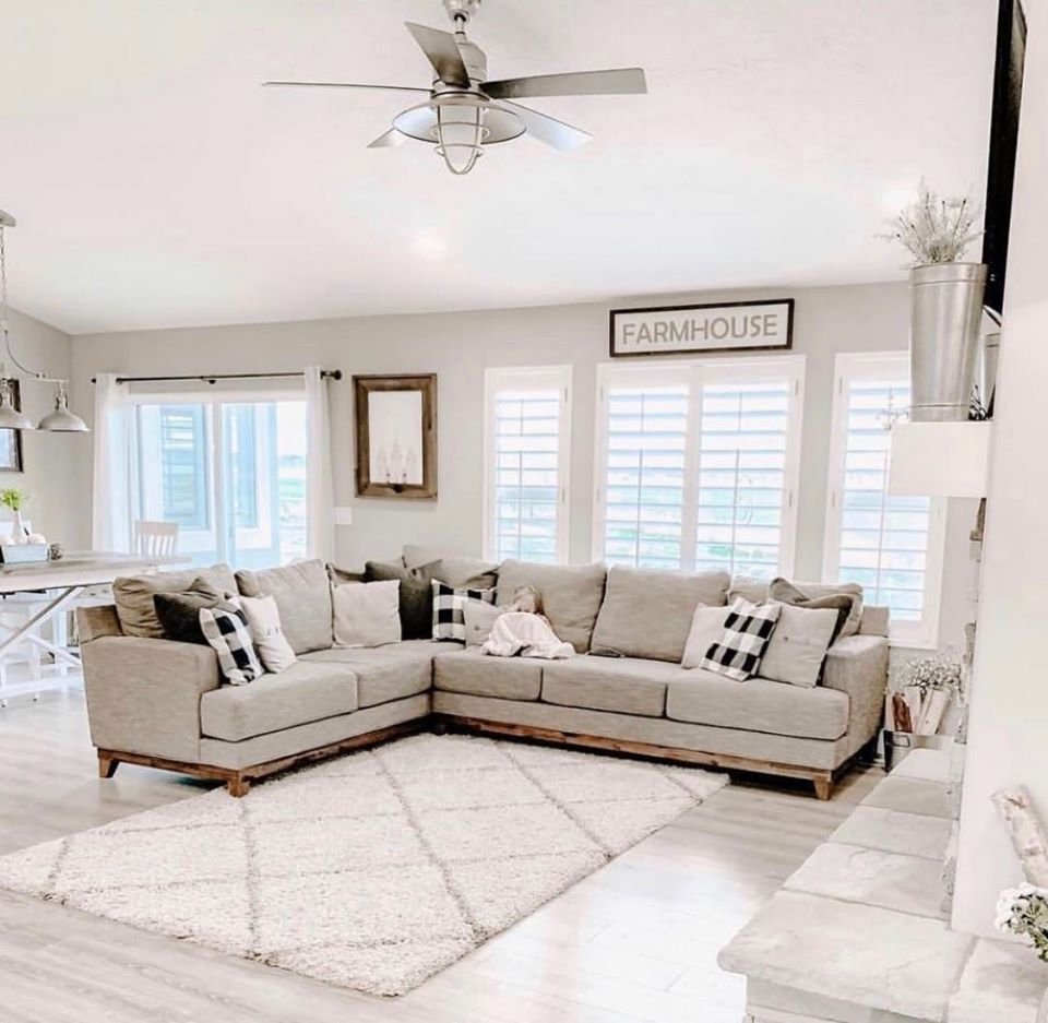 Farmhouse living room with grey sectional