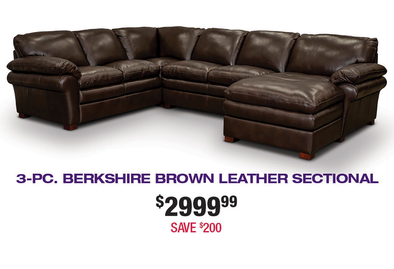 Brown Leather 3 Piece Sectional With Raf Chaise Berkshire Rc Willey Furniture Store