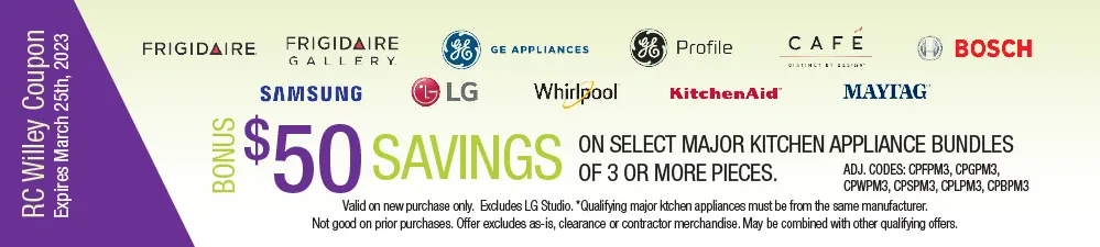 Bonus savings of $50 on select major kitchen appliance bundles of 3 or more pieces