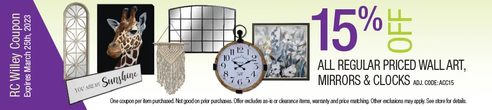 Save 15% on wall art, mirrors, and clocks