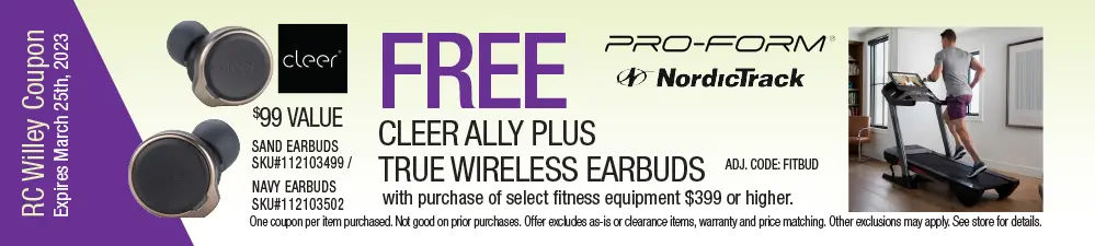 Free Creer Ally Plus true wireless earbuds with purchase of select fitness equipment $399 or heigher