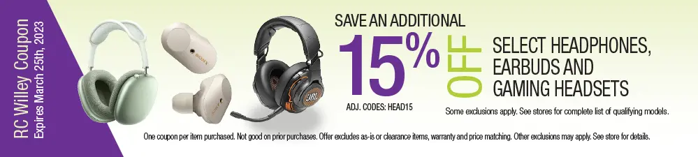 Save 15% on select headphones, earbuds, and gaming headsets