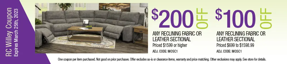 Save up to $200 on reclining fabric or leather sectionals