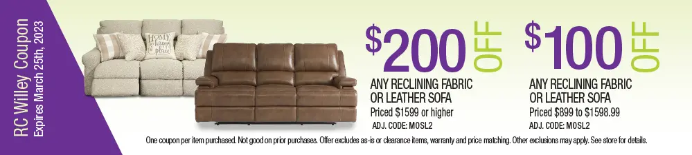 Save up to $200 on reclining fabric or leather sofas