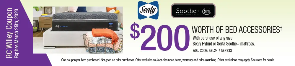 Receive $200 worth of bed accessories with purchase of select Sealy Hybrid or Soothe+ Mattresses