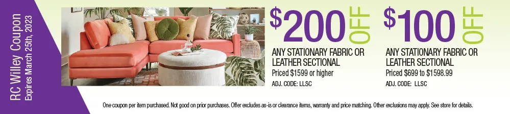 Save up to $200 on stationary fabric or leather sectionals
