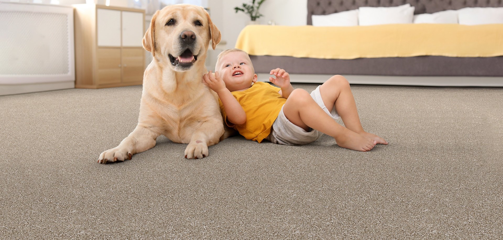 a child is playing with his dog