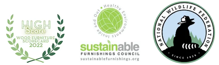 Award badge for 2022 and logos for Sustainable Furnishings Council and National Wildlife Foundation