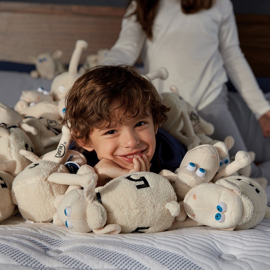 boy surrounded by plush toy sheep