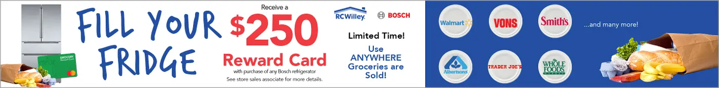 Receive a $250 reward card with purchase of any Bosch refrigerator