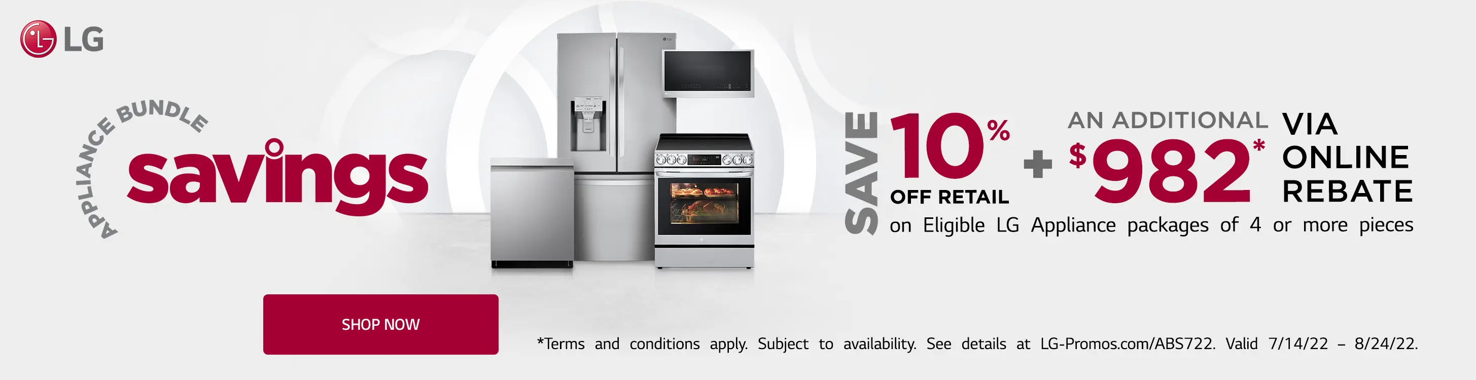 Save 10% off retail plus an additional $982 via online rebate on eligible LG appliance packages.