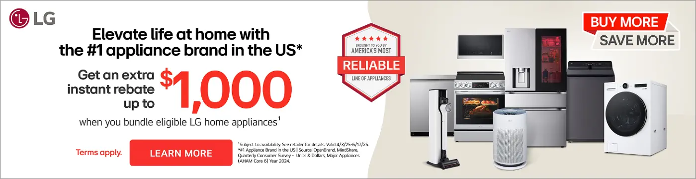 Get an extra instant rebate up to $1000 when you bundle eligible LG home appliances