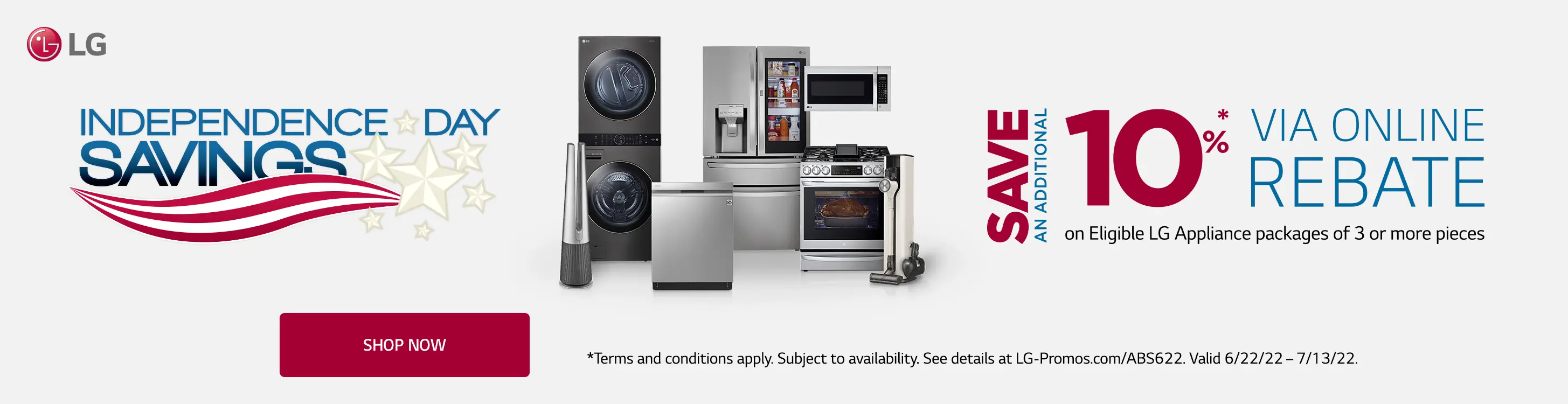 Save additional 10% via online rebate on eligible LG Appliance packages of 3 or more pieces