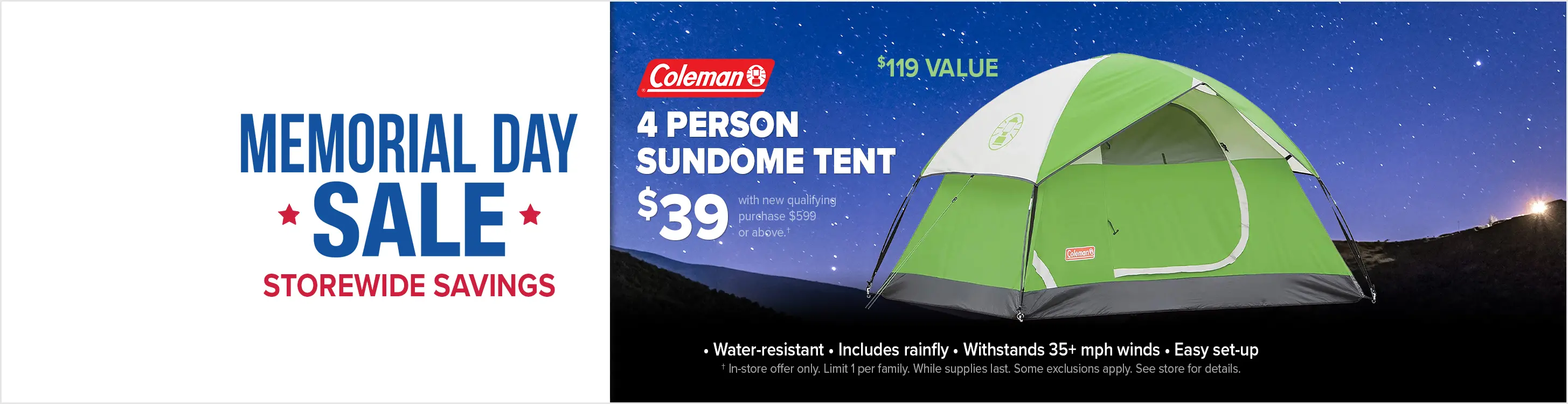Four Person Coleman Tent for $39 with New Qualifying Purchase of $599 or Above