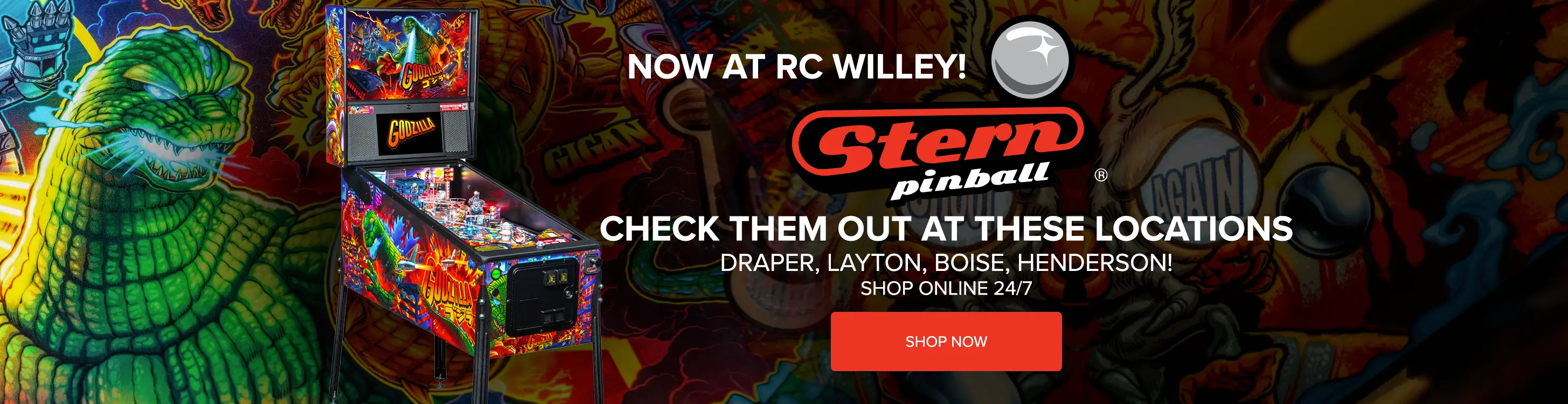 Stern Pinball Machines now at RC Willey! Check them out at the following locations: Draper, Layton, Boise, Henderson.