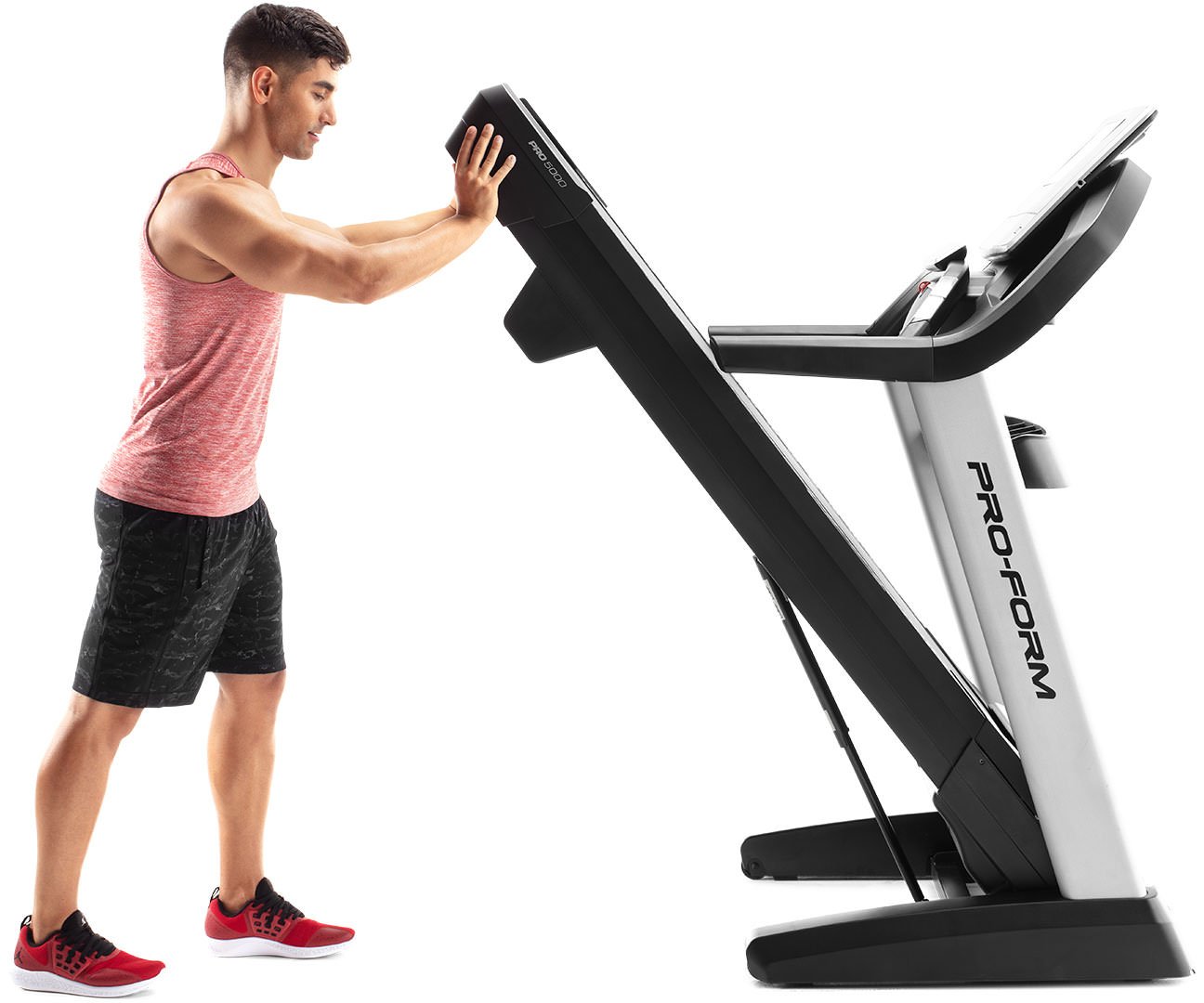 man lifting proform treadmill with easylift assist