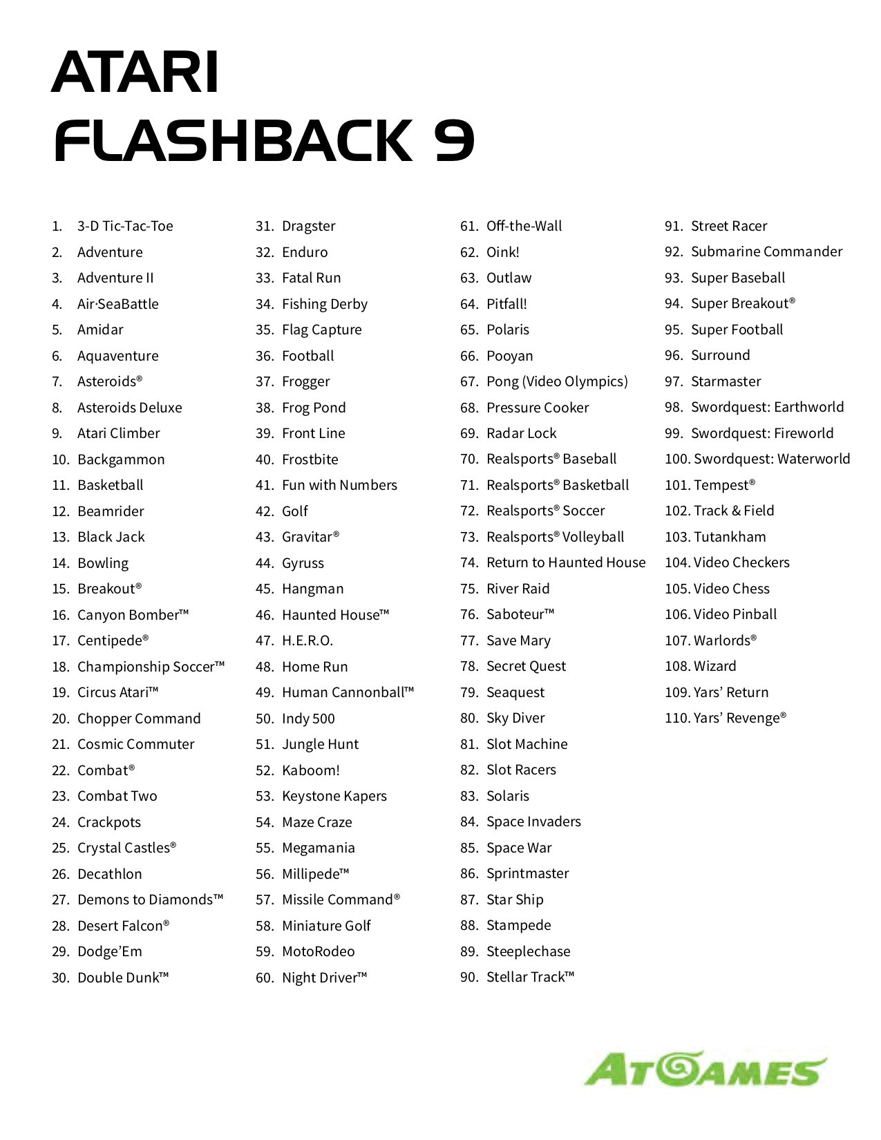 game list for the Atari Flashback 9 gaming system