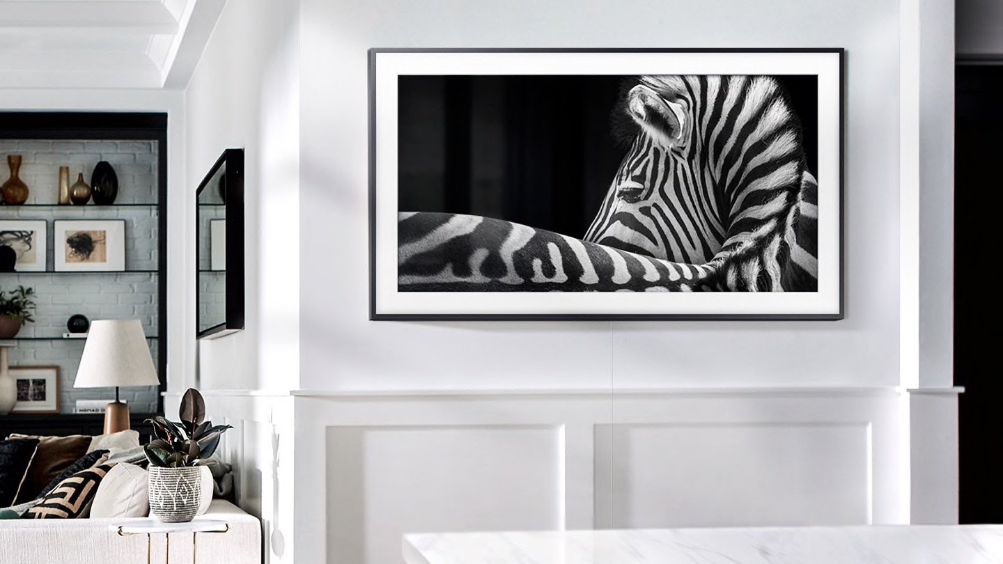 Samsung The Frame TV hanging on wall with zebra