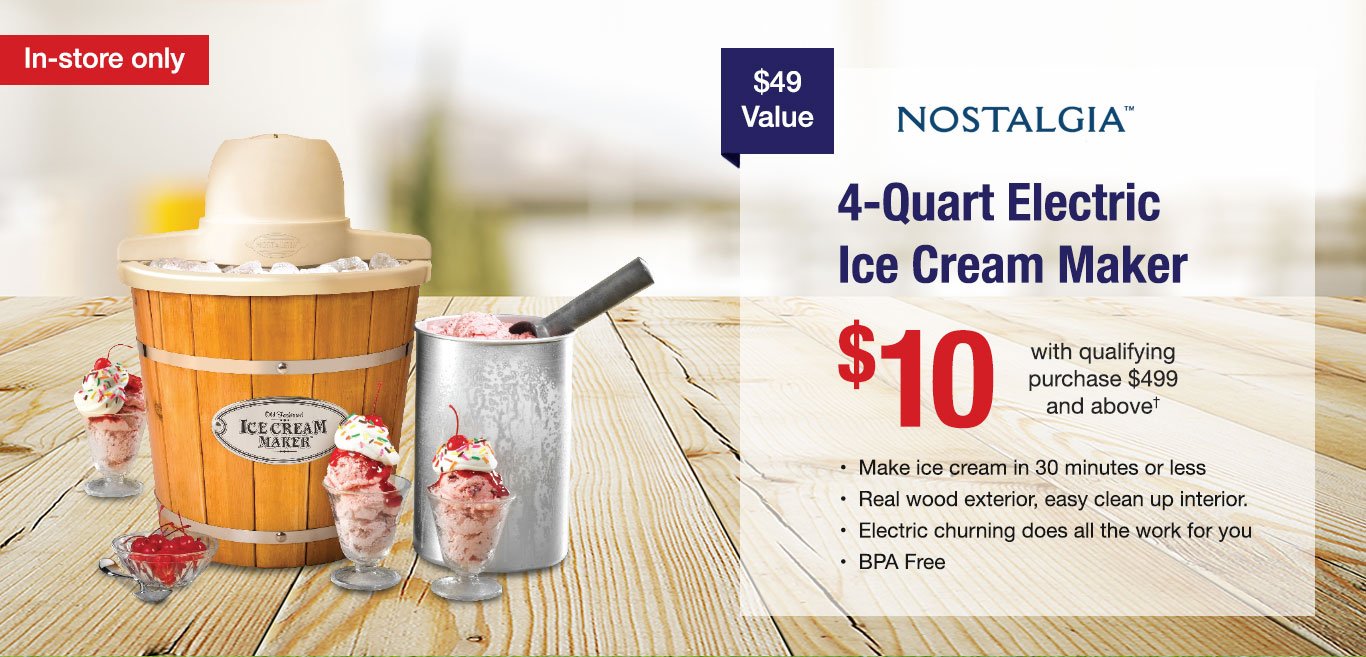 Nostalgia 4-Quart Electric Ice Cream Maker for only 10 dollars with qualifying purchase $499 and up