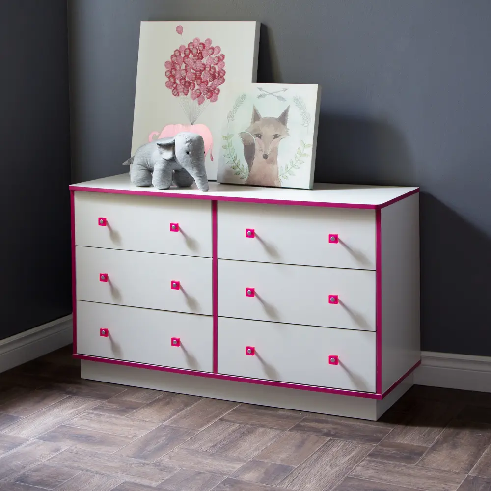 9039027 White and Pink 6-Drawer Double Dresser - Logik -1