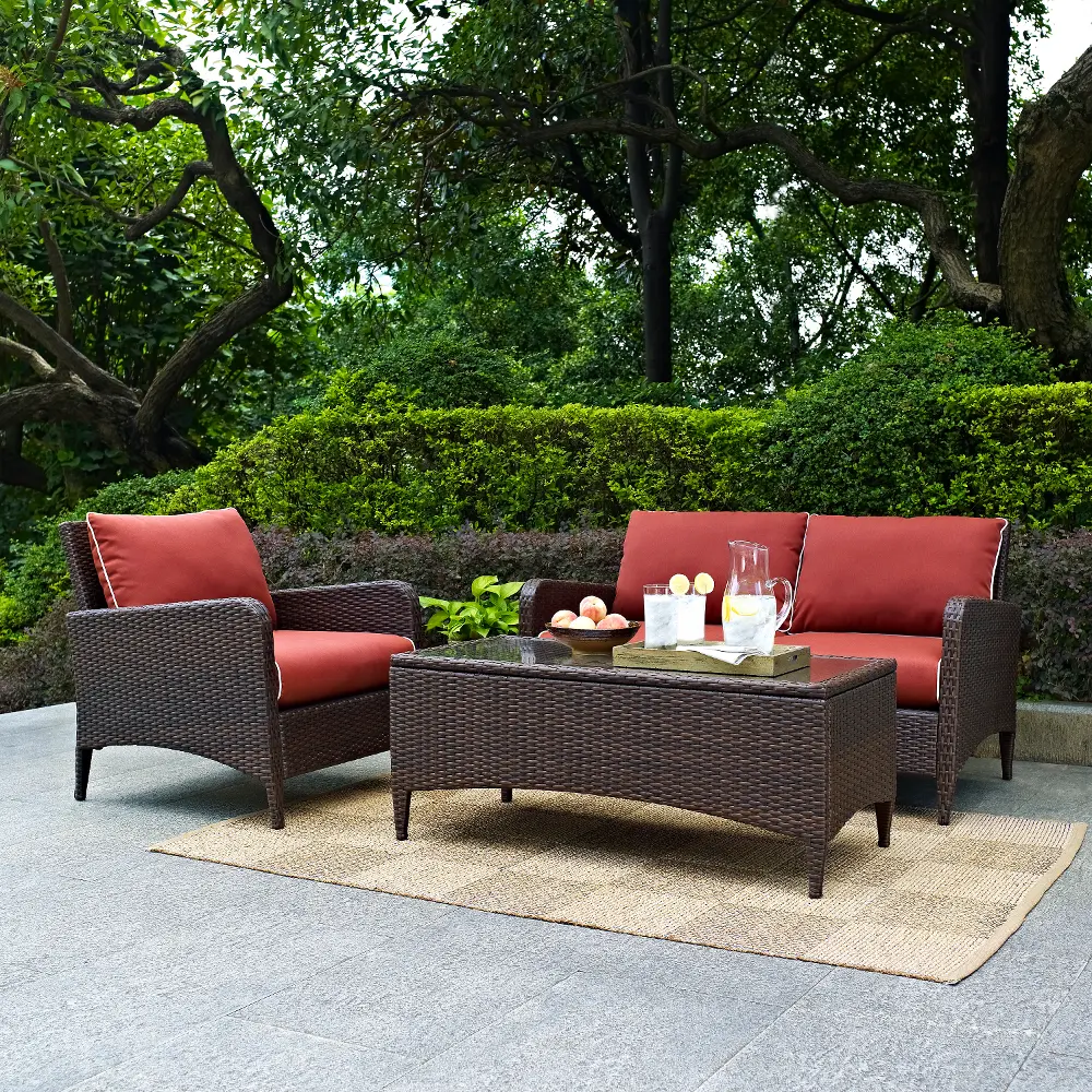 KO70031BR 3 Piece Wicker Patio Furniture Set - Loveseat, Arm Chair and Table in Sangria  - Kiawah -1