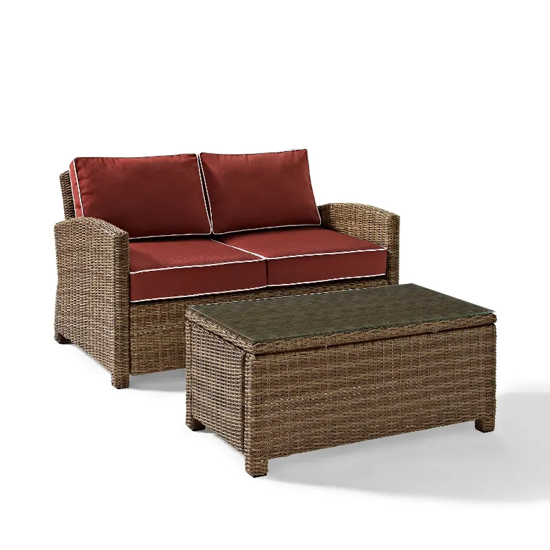 Bradenton 2 Piece Red and Wicker Loveseat and Table Set