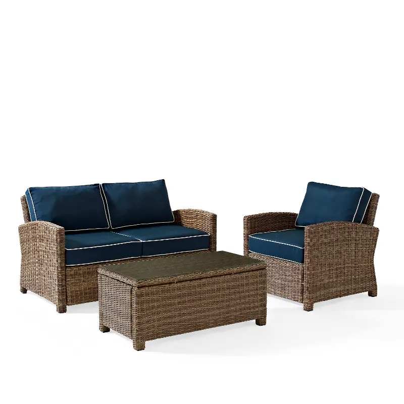 Bradenton 3 Piece Navy and Wicker Outdoor Seating Set  Loveseat, Armchair, and Table Set