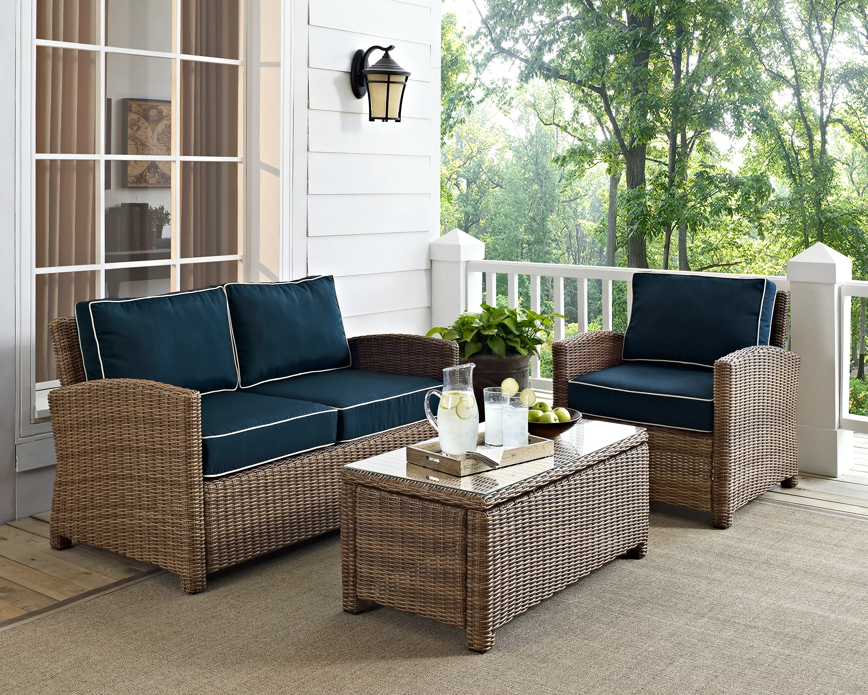 Bradenton Navy and Wicker 3 pc Loveseat, Armchair, and Table Set