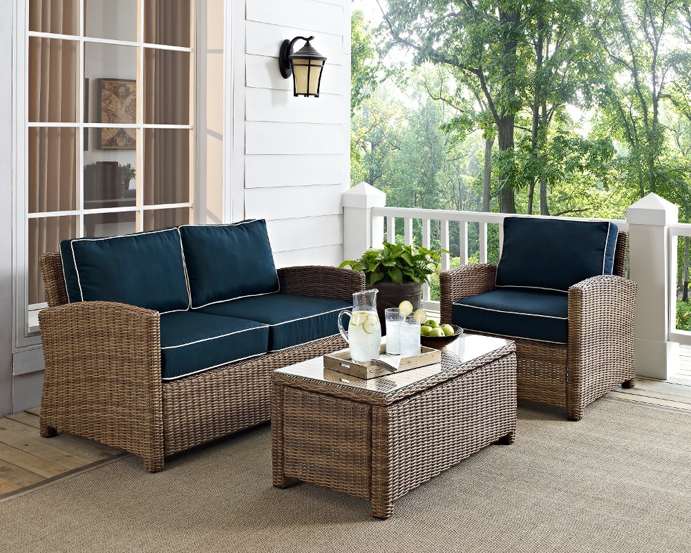 Bradenton Navy and Wicker 3 pc Loveseat, Armchair, and Table Set