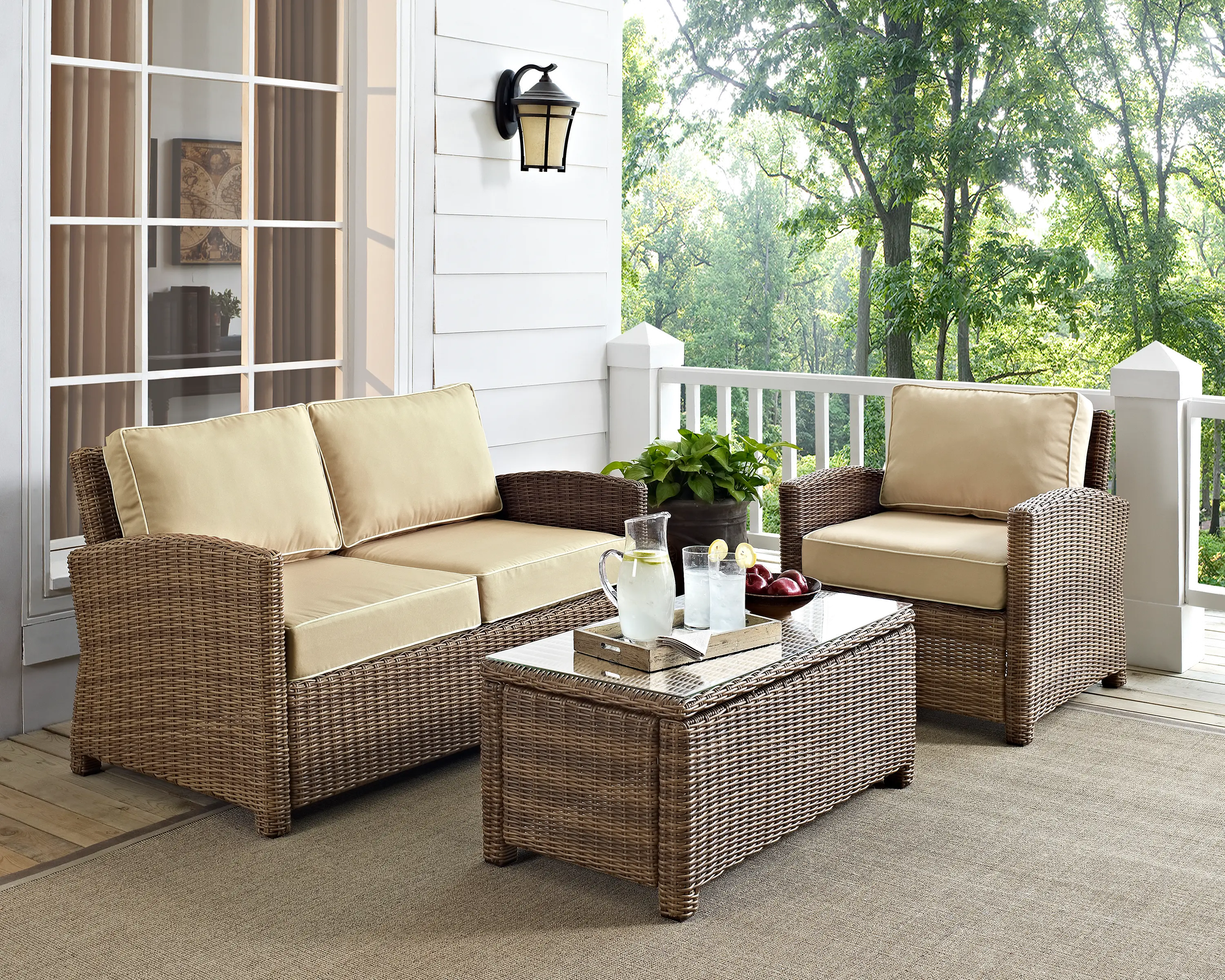 Bradenton Sand and Wicker 3 pc Loveseat, Armchair, and Table
