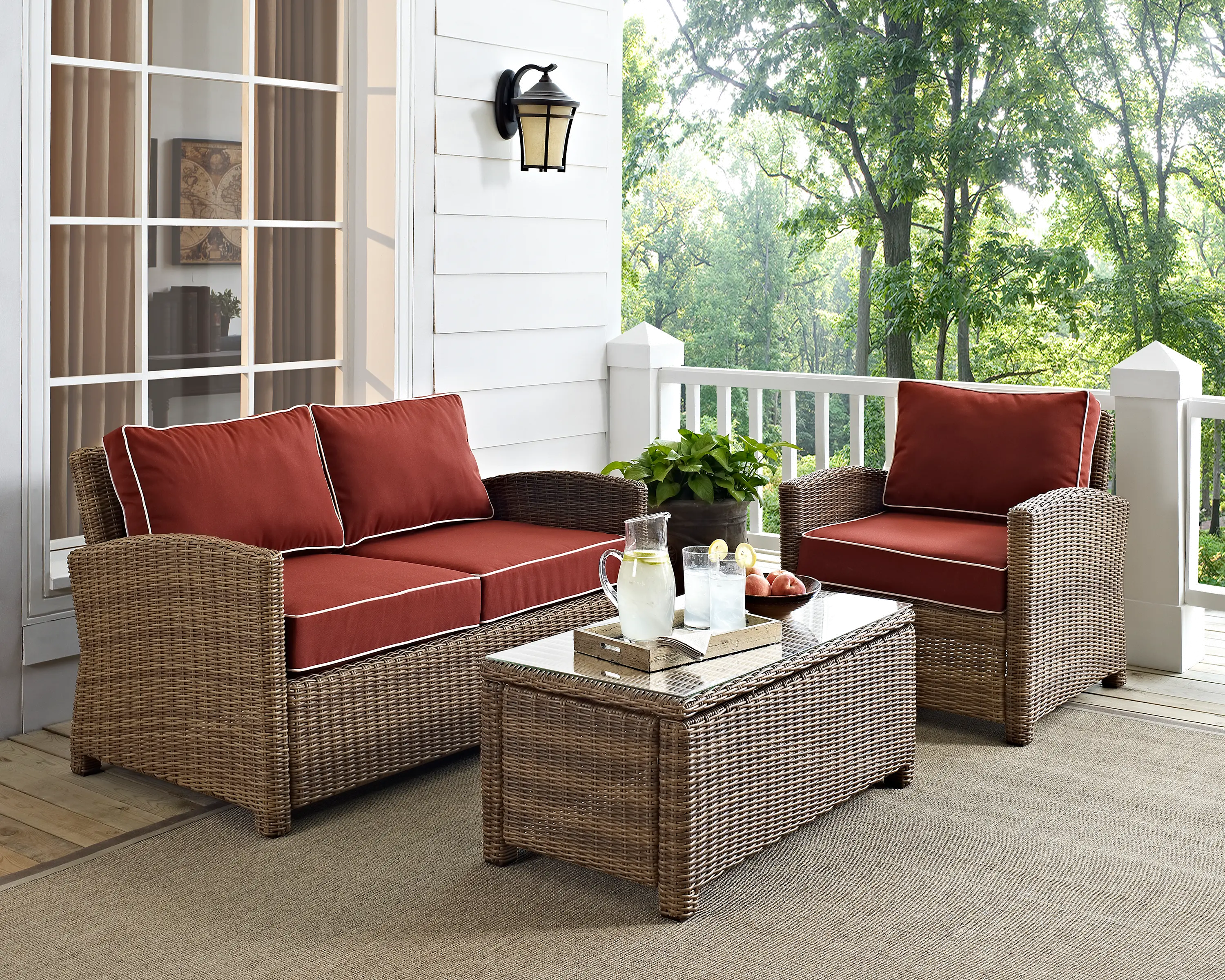 Bradenton Sangria and Wicker 3 pc Loveseat, Armchair, and Table
