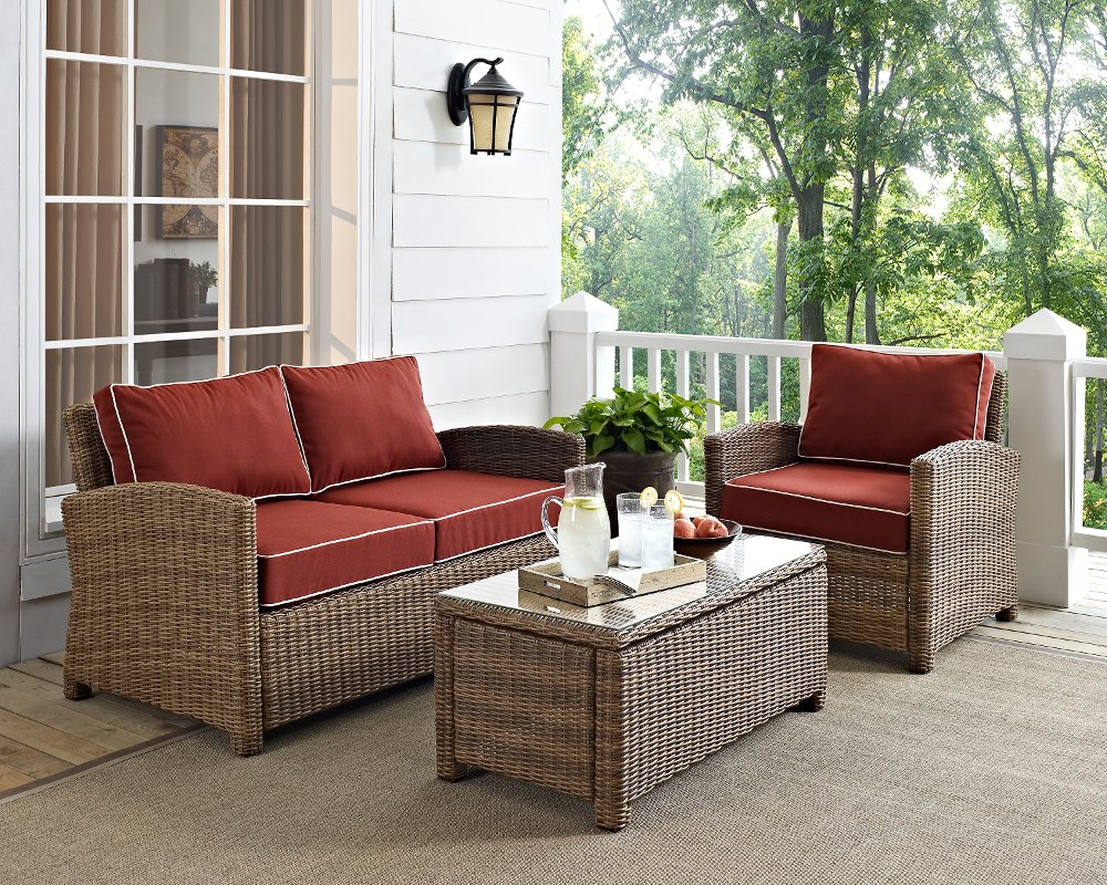 Bradenton Sangria and Wicker 3 pc Loveseat, Armchair, and Table