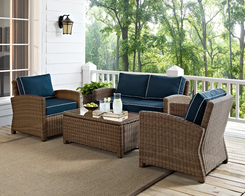 KO70024WB-NV Navy and Brown Wicker Patio Furniture Loveseat, Arm Chairs, and Table - Bradenton -1