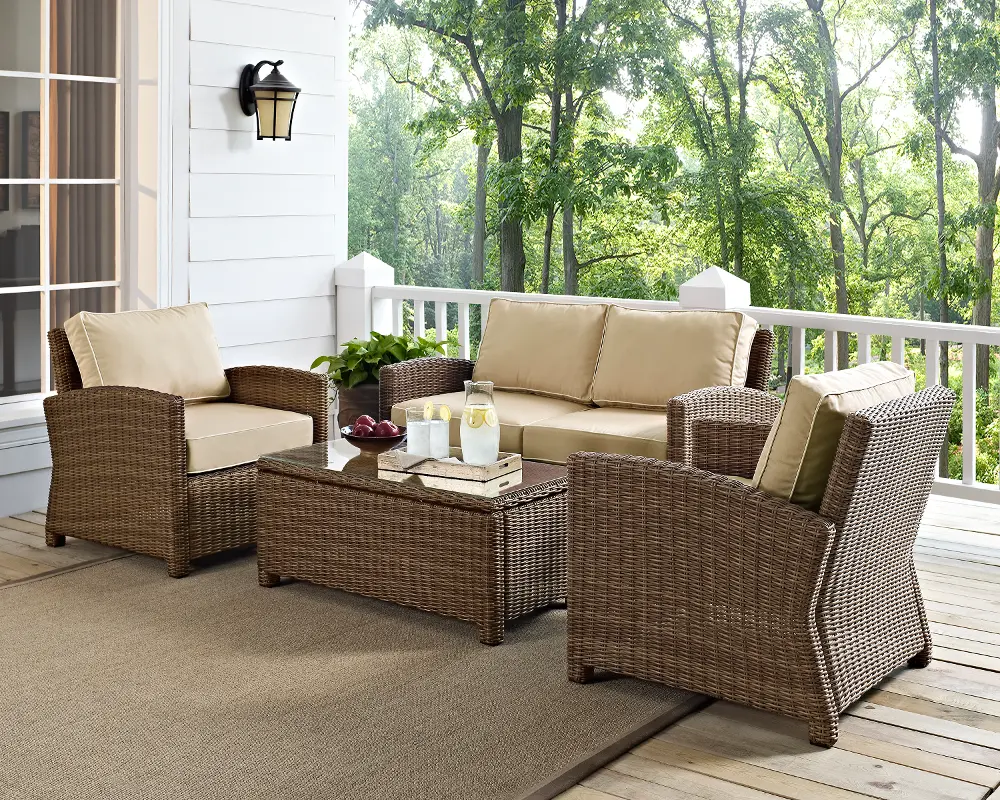 KO70024WB-SA Sand and Brown Wicker Patio Furniture Loveseat, Arm Chairs, and Table - Bradenton -1