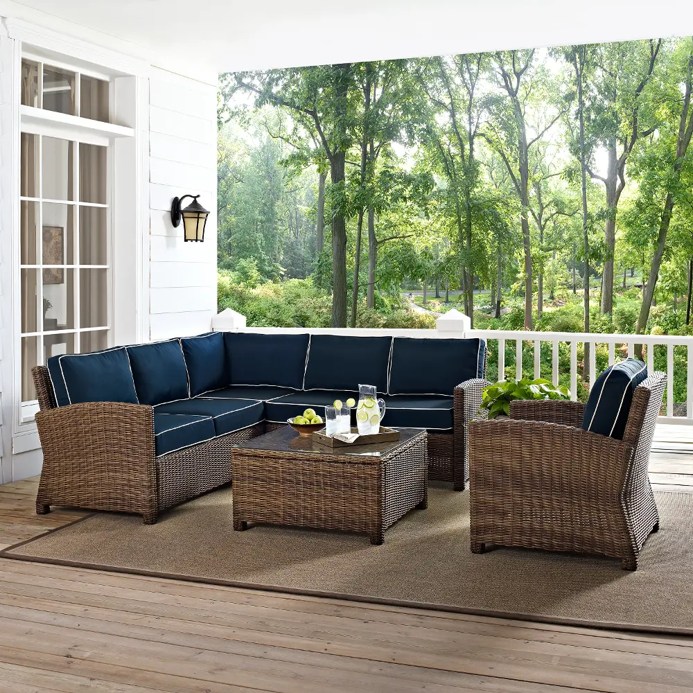 KO70021WB-NV Navy and Brown Wicker Patio Sectional and Table - Bradenton -1