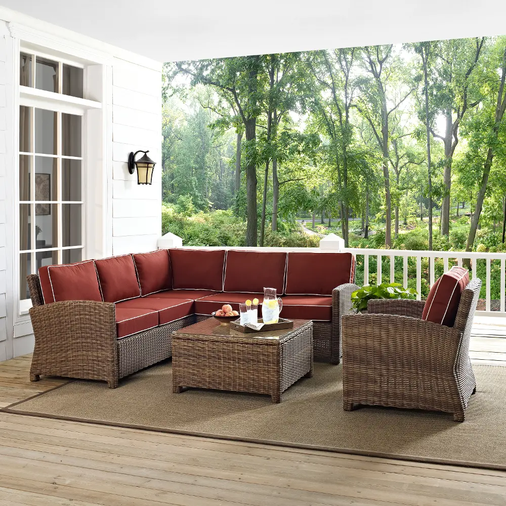 KO70021WB-SG Sangria and Brown Wicker Patio Sectional, Arm Chair and Table - Bradenton -1