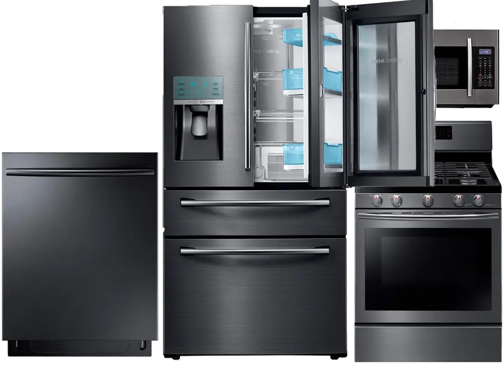 KIT Samsung 4 Piece Kitchen Appliance Package with Gas Range and Door-in-Door Refrigerator - Black Stainless Steel-1
