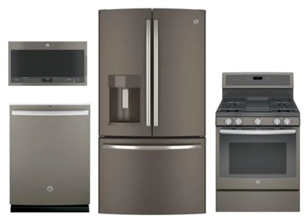 KIT GE 4 Piece Gas Kitchen Appliance Package with 27.8 cu. ft. French Door Refrigerator - Slate-1