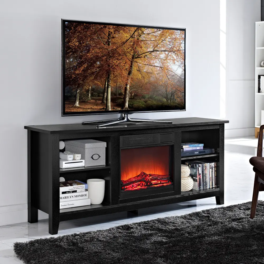 W58FP18BL Black Fireplace TV Stand - Walker Edison-1