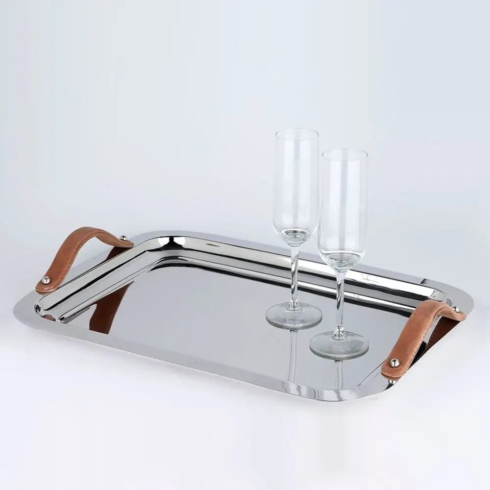 Polished Stainless Steel Rectangle Serving Tray with Handles-1