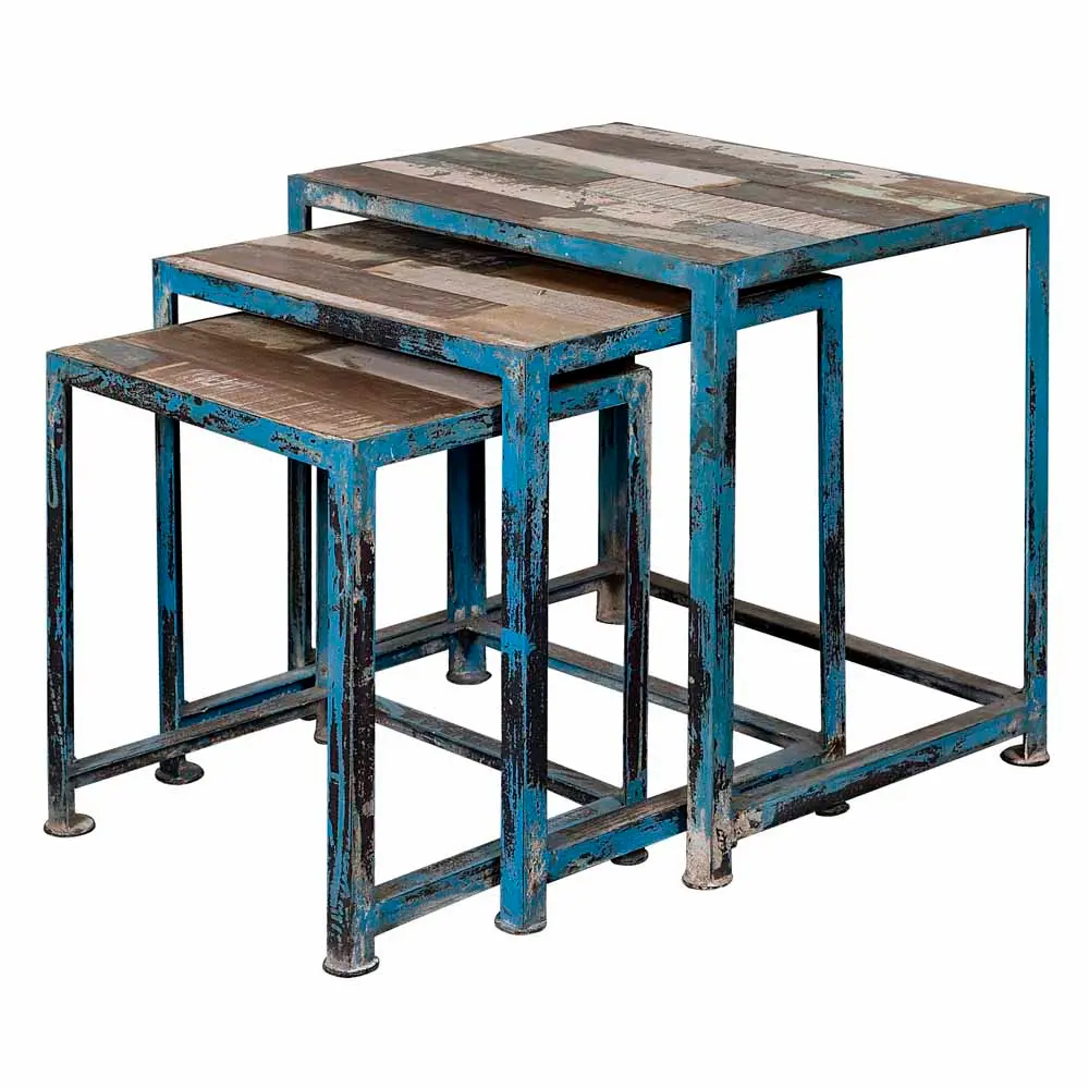 39511 Distressed Blue Iron and Reclaimed Wood Nesting Tables-Set of 3-1