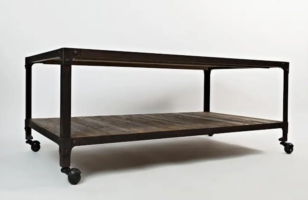 Industrial Wood and Metal Coffee Table on Wheels-1