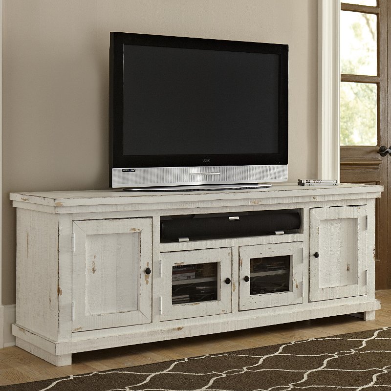 Willow Distressed White 74 Tv Stand, Distressed White Tv Console With Fireplace