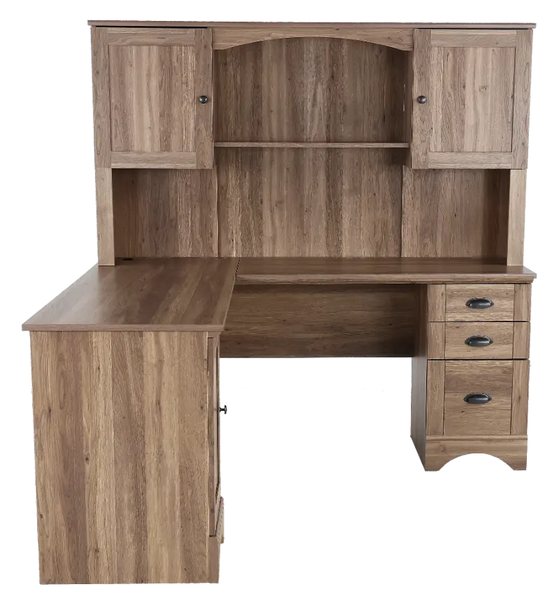 Harbor View Brown L Shaped Computer Desk with Hutch