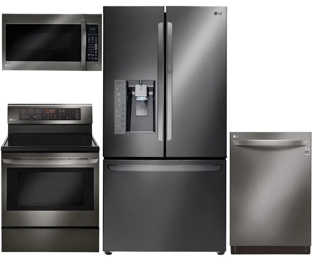 KIT LG 4 Piece Electric Kitchen Appliance Package with 29.6 cu. ft. French Door Refrigerator - Black Stainless Steel-1